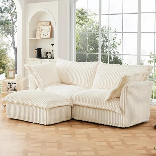 Miniatura 10 de KEIKI Sofá modular de pana de 83 pulgadas, cómodo juego de sofá nube blanco con 2 almohadas, moderno sofá de asiento con cojines profundos y suaves