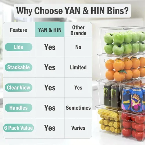 Miniatura 7 de YAN & HIN Paquete de 8 contenedores de almacenamiento transparentes con tapas, organizadores de plástico apilables con asas, organizadores