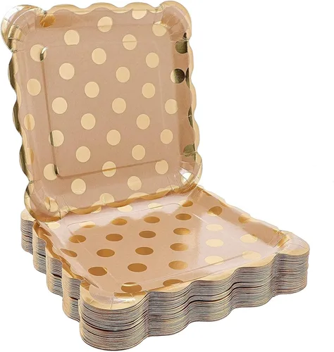 Miniatura 2 de Juvale Platos de papel cuadrados festoneados elegantes platos de almuerzo – 9 pulgadas, lunares de lámina dorada, paquete de 48 – Fiesta desechable