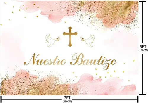 Miniatura 5 de AIBIIN Telón de fondo Mi Bautizo de 7 x 5 pies para Nuestro Bautizo Baby Bautizo Bautizo Fotografía Fondo Rosa Acuarela Nubes Doradas Cruz Paz