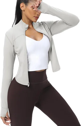 Miniatura 76 de AVGO Chaquetas de entrenamiento recortadas para mujer, con cremallera, ajustadas, atléticas, con agujeros para el pulgar