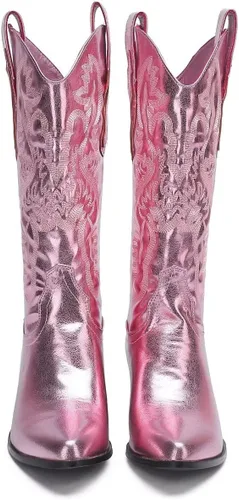 Miniatura 2 de CATISDRA Botas vintage para mujer, botas vaqueras salvajes occidentales, punta puntiaguda, tacón grueso, botas bordadas brillantes