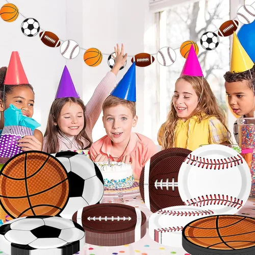 Miniatura 5 de Decoraciones deportivas para fiestas de cumpleaños, 80 unidades, platos y servilletas para fiestas deportivas, béisbol, fútbol, baloncesto, rugby