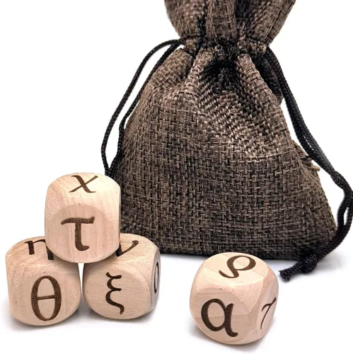 Juego de dados de madera del alfabeto griego, 24 letras griegas talladas, cubos rodantes para juegos de fiesta de enseñanza (minúscula, 4 Minúsculas