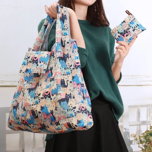 Miniatura 6 de Kingmas - Bolsas reutilizables para alimentos, plegables, ecológicas, aptas para el bolsillo, lavables, impermeables, de nailon, bolsas con asa Gato
