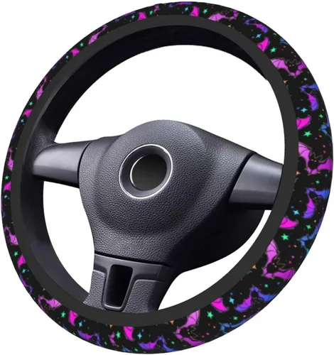 Miniatura 3 de Funda de volante para mujeres y hombres, coloridos murciélagos de Halloween, protector de volante de neopreno morado, ajuste universal