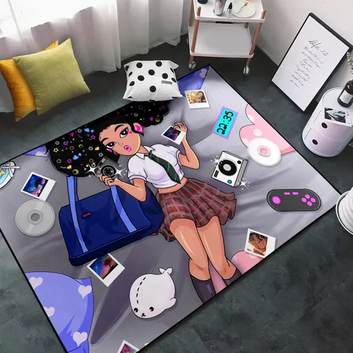 Miniatura 42 de Alfombra de área para dormitorio de niñas negras africanas, alfombra para sala de estar, sala de juegos, azul, lindo anime de dibujos animados