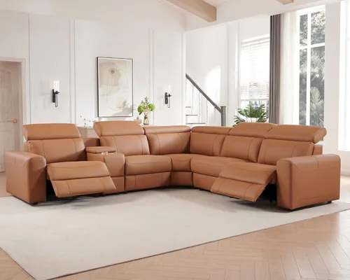Miniatura 9 de Sofá Reclinable Eléctrico AMERLIFE, Sofá Reclinable con Consola y Reclinación Dual, Sofá Seccional de Cuero para Sala de Estar, Beige Marrón
