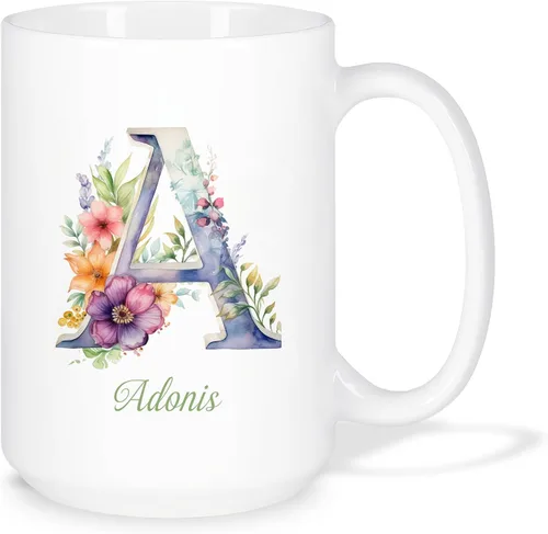 Taza de café personalizada de la letra A del alfabeto, Taza de café blanca con nombre personalizado único, Taza inicial de monograma floral