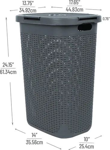 Miniatura 3 de Mind Reader Cesta para Ropa Sucia Delgada de 60L, Cesta de Ropa, Tapa, Estilo Mimbre, Plástico, 17.65"L x 13.75"A x 24.15"Al, Juego de 2, Gris