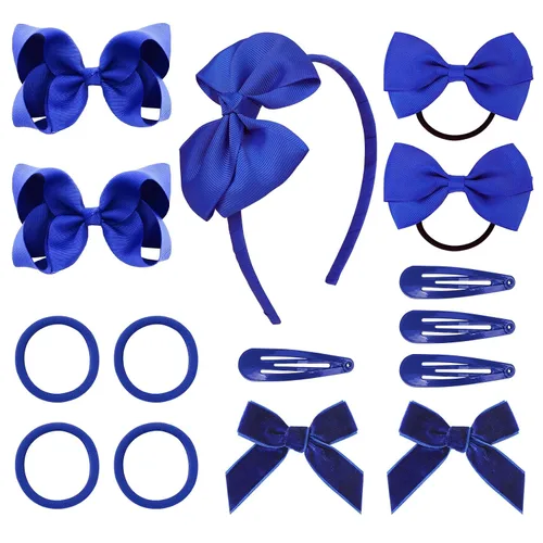 DEEKA Juego de 15 accesorios para el cabello, color azul real, lazos para el cabello, clips, diadema, lazos para niñas pequeñas y escolares
