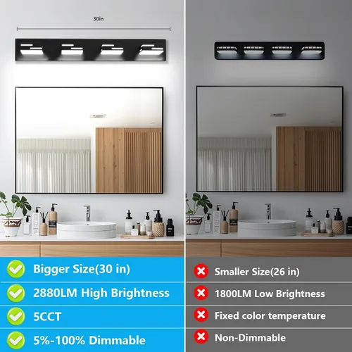 Miniatura 8 de IZORRO Moderna lámpara LED de tocador de baño (30 pulgadas, 4 luces, 5 CCT, regulable), luces de tocador negras mate para accesorios de iluminación