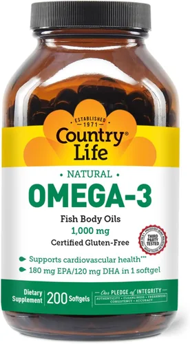 Miniatura 7 de Country Life Suplemento de aceite de pescado omega-3, 1000 mg, 180 mg de EPA y 120 mg de DHA, concentrado de aceite de pescado, sin eructos, 300