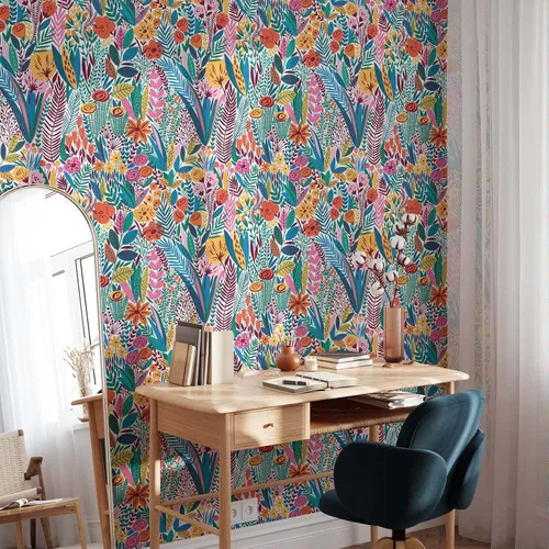 Miniatura 3 de Papel tapiz floral escandinavo, papel tapiz botánico autoadhesivo extraíble, papel tapiz colorido para despegar y pegar