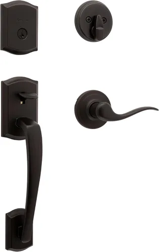 Kwikset Prescott - Juego de manijas de cerradura de puerta delantera y cerrojo de seguridad, manija de entrada exterior con palanca interior Bronce