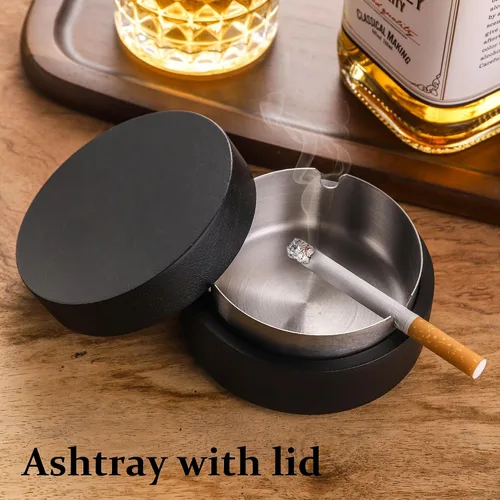 Miniatura 2 de Cenicero lindo para cigarrillos con tapa DDAJJAJ Cenicero de madera con acero inoxidable, cenicero portátil decorativo, cenicero resistente al