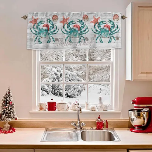 Miniatura 20 de Cenefas de gnomo de invierno para cocina, cafetería, cenefa de ventana de pino nevado de Navidad, cortinas cortas de copo de nieve azul, 60 x 18