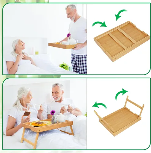 Miniatura 2 de Artmeer Bandeja de cama con patas plegables, bandeja de bambú para desayuno con ranura multimedia, uso como plato, escritorio para laptop