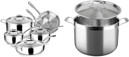 Duxtop Whole-Clad - Juego de utensilios de cocina de inducción de acero inoxidable de tres capas, juego de 10 ollas y sartenes de cocina y olla de