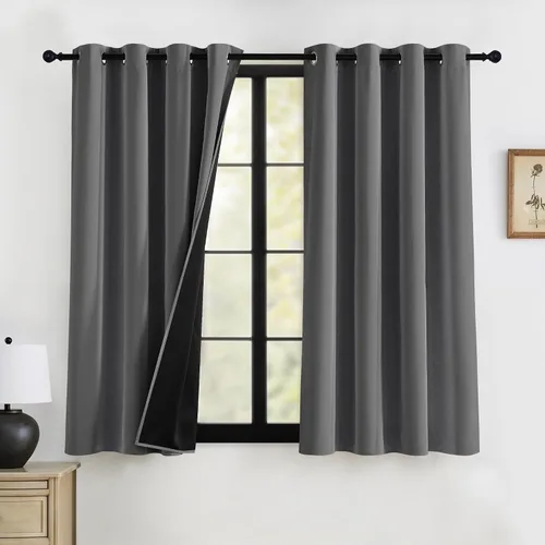 RYB HOME Cortinas opacas grises de 63 pulgadas de largo para dormitorio, cortinas de ventana 100% opacas con aislamiento térmico y reducción de