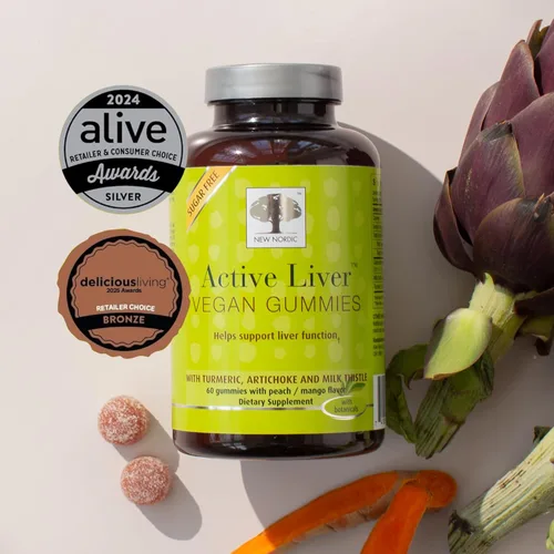 Miniatura 9 de NEW NORDIC Gomitas Activas para el Hígado, Suplemento de Cardo Mariano, Alcachofa y Cúrcuma, Sabor Natural a Melocotón y Mango, Sin Azúcar y Vegano