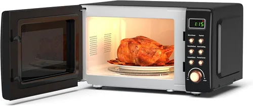 Miniatura 9 de Horno microondas retro para encimera, SIMOE 0.7 pies cúbicos, microondas pequeño con descongelación, 5 niveles de potencia, 8 configuraciones