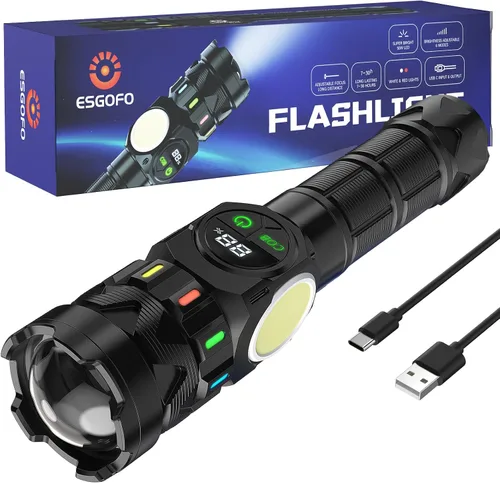 Miniatura 9 de Esgofo Linternas recargables de alto lúmenes 10000 2 modos alto/bajo, linterna LED magnética superbrillante de larga distancia 3280 pies, potente