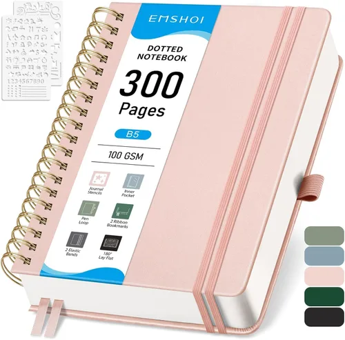 Miniatura 38 de EMSHOI Cuaderno de Espiral con Puntos para Bullet Journal - 300 Páginas, Cuero de Tapa Dura A4, Cuaderno de Cuadrícula de Puntos Gruesos de 100 GSM