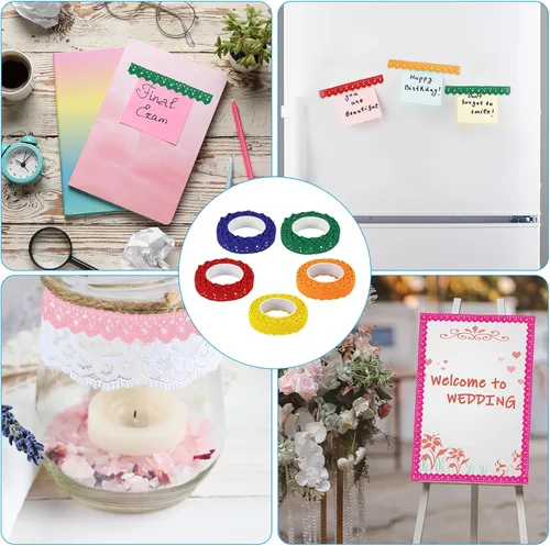 Miniatura 6 de PATIKIL Cinta de encaje autoadhesiva de 0.6 pulgadas de ancho, 2 yardas, paquete de 3 calcomanías de algodón con ribete Washi para manualidades