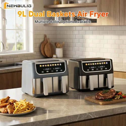Miniatura 10 de NEWBULIG Freidora de aire doble con 2 cestas de 9.5 cuartos de galón, freidoras de aire grandes 10 en 1 con placa de cerámica para cocinar, cocinar