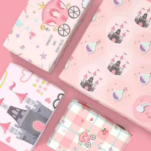 Miniatura 4 de Papel de regalo rosa, 4 hojas plegadas, papel de estraza para envolver cumpleaños, castillo, carruaje, cuentos de hadas, papel mágico de regalo