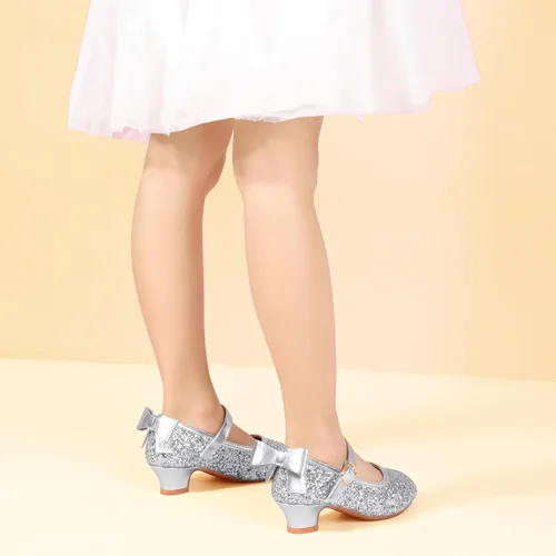 Miniatura 5 de PANDANINJIA Vestido de jada para niñas y niños pequeños, zapatos de princesa Mary Jane con tacones con lazo para fiesta, boda, boda