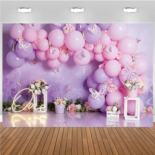 Miniatura 4 de Fondo de fotografía para fiesta de cumpleaños de niña, globos rosas y morados, mariposa, país de las maravillas, baby shower, flores, fondo