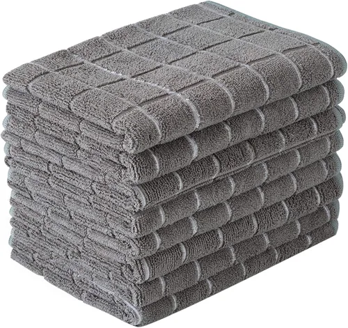 Toallas de cocina de microfibra, suaves, súper absorbentes y sin pelusa – 8 unidades (colores grises diseño de rejilla) – 26 x 18 pulgadas