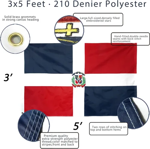 Miniatura 2 de Anley EverStrong Series - Bandera de República Dominicana de 3 x 5 pies, resistente, cabecera de lona resistente, 4 filas de costuras de cerradura