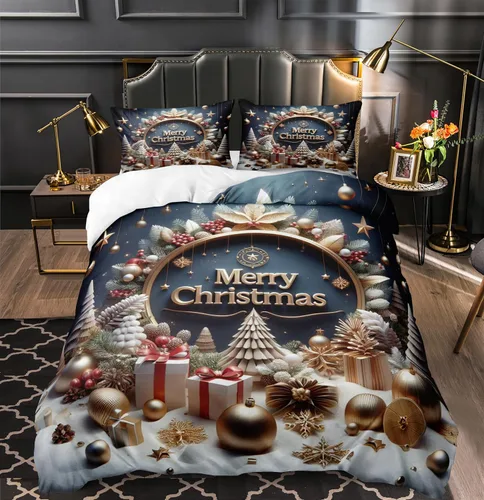 Miniatura 34 de Herside Juego de funda de edredón de Navidad, tamaño Queen, colorido patrón navideño impreso, bonita decoración navideña, microfibra suave, funda