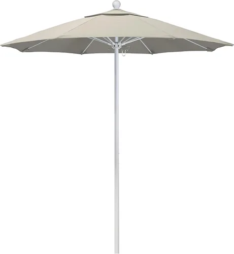 California Umbrella Paraguas redondo de aluminio/fibra de vidrio de 7.5 pies, apertura de empuje, poste blanco, olefina beige antiguo