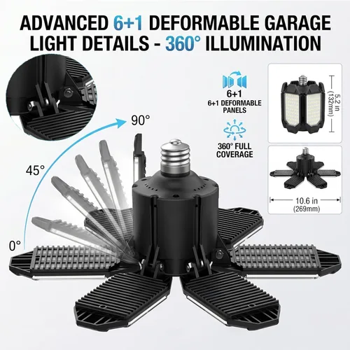 Miniatura 3 de Bombilla LED para garaje AYSEMO de 15000 lm - Luces LED de techo ajustables en 360° con 6+1 paneles deformables, 6500 K de luz diurna, base