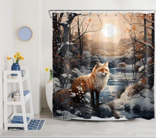 Miniatura 6 de LB Cortina de ducha con diseño de zorro de bosque de invierno, bosque nevado, lindo zorro con árbol, paisaje natural, cortina de ducha de baño