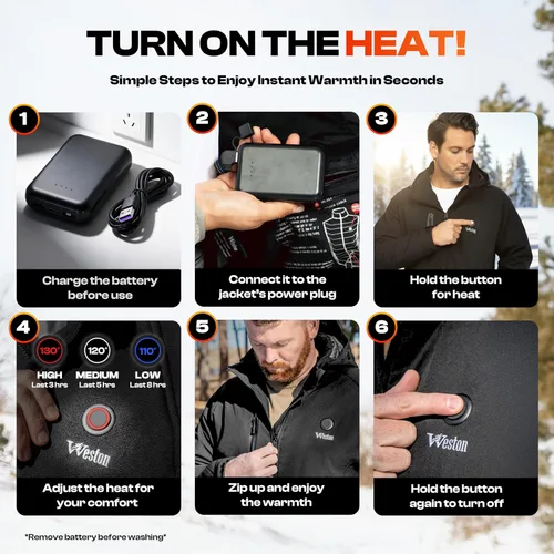 Miniatura 4 de WESTON Abrigo térmico para hombre, 4 zonas de calefacción, 7.4 V, batería recargable de 4800 mAh, 3 niveles de calor ajustables