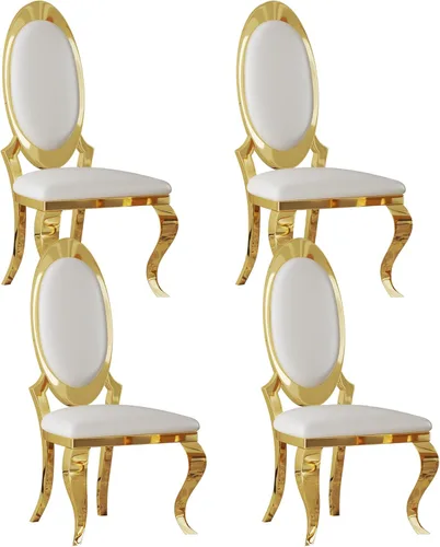 Miniatura 13 de Juego de 2 sillas con 2 sillas de comedor de piel sintética blanca, silla de cocina moderna con respaldo ovalado y patas de acero inoxidable