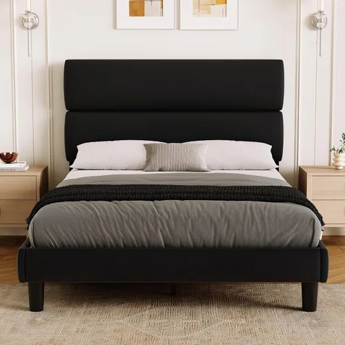 Miniatura 16 de GRUSIGN Base de cama de plataforma tamaño Queen con cabecera de terciopelo, soporte de listones de madera de altura ajustable, base de colchón Gris