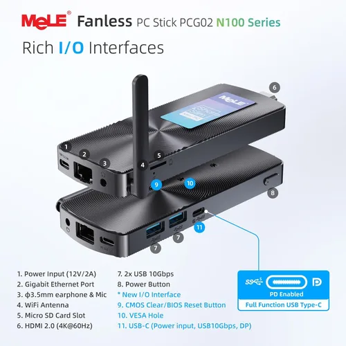 Miniatura 2 de MeLE Mini PC Stick sin ventilador PCG02 con Windows 11 Home, 12th N100 4GB 128GB, Mini computadora de escritorio, soporte 4K HDMI, PXE desbloqueado