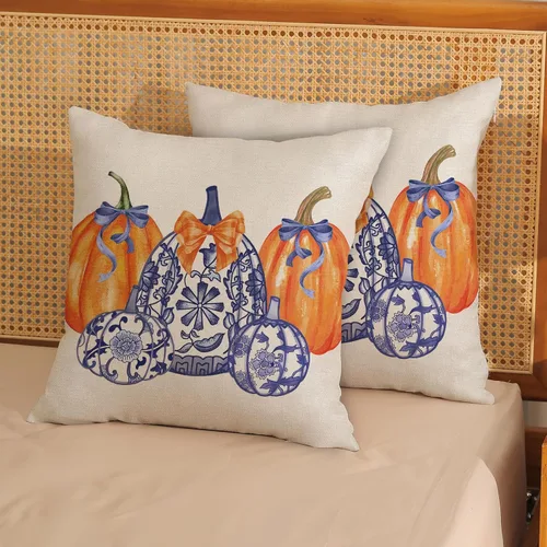 Miniatura 3 de Juego de 2 fundas de almohada de otoño de 16 x 16 pulgadas, diseño de calabaza azul y naranja, decoración de Acción de Gracias, decoración de otoño