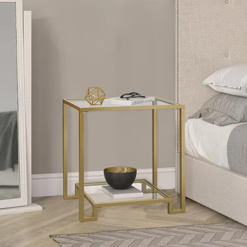 Miniatura 6 de Mesa auxiliar rectangular de 2 niveles, mesa auxiliar dorada con parte superior de cristal, mesa de centro moderna de metal transparente, mesa Dorado