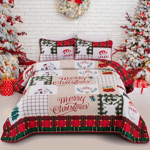 Menghomeus Juego de edredón de Navidad tamaño king reversible, colcha a cuadros, rojo y verde, con retazos, juego de edredón de Navidad, árbol de