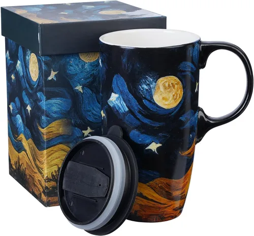 Miniatura 10 de Topadorn Taza de café de cerámica, taza de viaje de porcelana con tapa y asa, taza de café grande para hombres y mujeres, trabajo de oficina, Pájaro