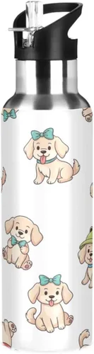 Cute Cartoon Dogs White Insulated Stainless Steel Water Bottle with Straw 20 Oz Leakproof Water Bottles, BPA-Free Sports Water Bottle with Straw