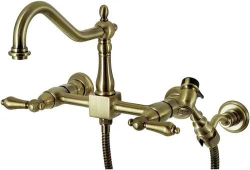 Miniatura 10 de Kingston Brass KS1248ALBS Heritage - Grifo de cocina con puente de montaje en pared con spray de latón, níquel cepillado cepillado níquel