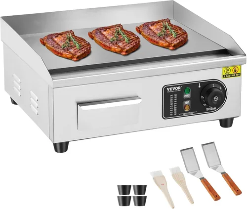 VEVOR Plancha Eléctrica Comercial, Parrilla Plana de Encimera de 1700W, Plancha de Acero Inoxidable de 18 pulgadas con 2 Palas y 2 Cepillos para